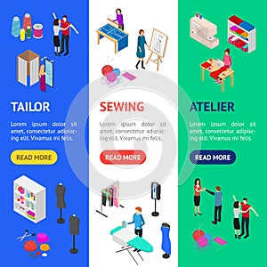 Atelier Studio Concept Banner Vecrtical Set 3d Isometric View. Vector