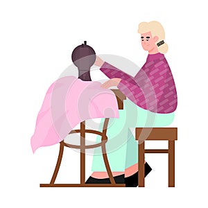 Atelier worker behind sewing machine cartoon vector illustration isolated.