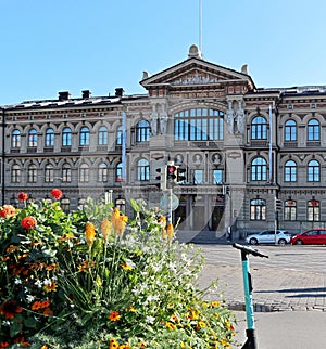 Ateneum finnish big museum in Helsinki and flowers summer city streets