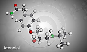 Atenolol cardioselective beta-blocker molecule. It is antihypertensive, hypotensive and antiarrhythmic drug. Molecular model. 3D