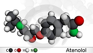 Atenolol cardioselective beta-blocker molecule. It is antihypertensive, hypotensive and antiarrhythmic drug. Molecular model. 3D photo