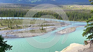 Athabasca River and surrounding mountains along the Ice Fields Parkway in Jasper National Park