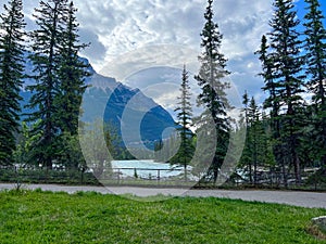 Athabasca River and surrounding mountains along the Ice Fields Parkway in Jasper National Park in Canada