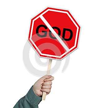 Atheism concept. Woman holding prohibition sign with crossed out word God on white background