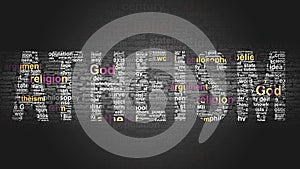 Atheism - essential subjects and terms related to Atheism arranged by importance in a 4-color high res word cloud poster. Reveal