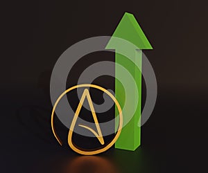 Atheist symbol with green arrow for increasing symbol