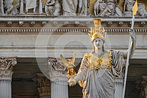 Athena Fountain Pallas-Athene-Brunnen in front of the Parliament during sunset, Vienna, Austria, closeup