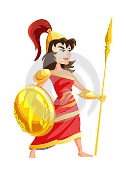 Athena greek goddess from ancient mythology. Female character with spear in armor. Woman with great power. Isolated