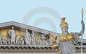 Athena statue at fountain Pallas-Athene-Brunnen in front of the Parliament, an ancient Greek goddess for victory and warfare at