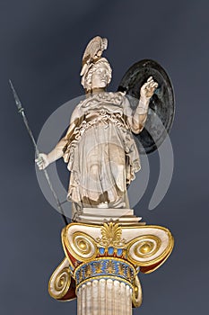 The Athena statue at night, the ancient goddess of philosophy placed at the Athens Academy, Greece