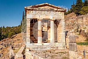 Athenian Treasury in Delphi, an archaeological site in Greece, at the Mount Parnassus.