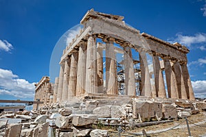 Athens, Greece. Parthenon temple on Acropolis hill, blue sky background