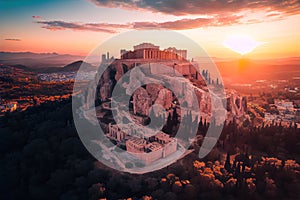 Athens Acropolis at sunset 3d drawing. Generative AI