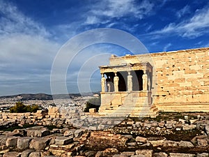 Athens from acropolis with the temple of cariatides.