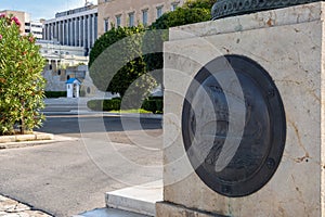 Athens, Attica, Greece. Bronze Shield representing an ancient greek ship at the entrance of the Unknown Soldier`s Tomb memorial