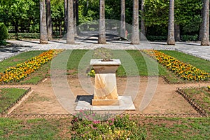 Athens, Attica, Greece. Entrance to the National Garden, sundial can be seen, from Vasilisis Amalias avenue.