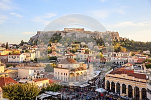 Athens, Greece. Acropolis rock and Monastiraki square