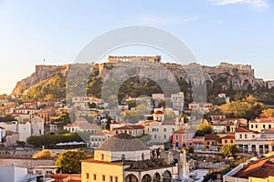 Athens, Greece. Acropolis rock and Monastiraki square early in the morning