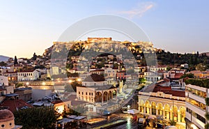 Athens, Greece. Acropolis rock and Plaka early in the morning