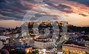 Athens, Greece. Aerial panoramic view of Monastiraki square and the Acropolis at sunset