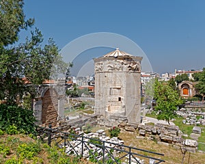 Athens Greece, `Aerides` or the winds tower clock in the ancient roman forum