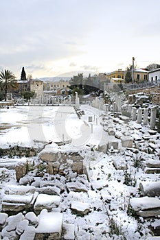 Athens, Greece - The Ancient Roman Agora in Snow