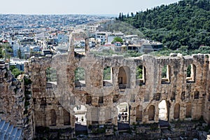 Ancient stone theater with marble steps of the Odeon of Herodes Atticus on the southern slope of the Acropolis.