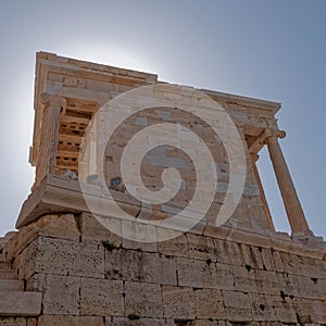 Athens, Greece, Athena Nike victorious small temple with Ionian style columns, standing by the entrance of Acropolis