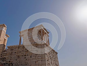 Athens, Greece, Athena Nike victorious small temple with Ionian style columns, standing by the entrance of Acropolis