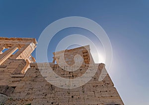 Athens Greece, Athena Nike victorious small temple with Ionian style columns, standing by the entrance of Acropolis