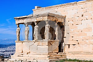 Athens, Greece. Detail of the south porch of Erechtheion with the Caryatids in a sunny day.