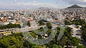 Athens, Greece. Drone Aerial View of Thiseio Park and Metro Station in Downtown