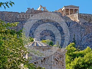 Athens Greece, Erechtheion temple on acropolis hill over roman winds tower