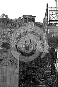 Athens Greece, Erechtheion temple on acropolis hill over roman winds tower