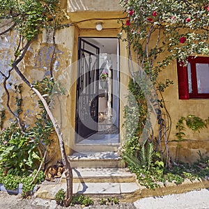 Athens Greece, house entrance at Anafiotika, an old neighborhood under acropolis