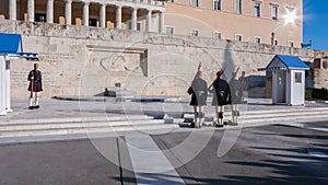 Evzones - presidential ceremonial guards in the Tomb of the Unknown Soldier at the Greek Parliament