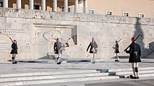 Evzones - presidential ceremonial guards in the Tomb of the Unknown Soldier at the Greek Parliament