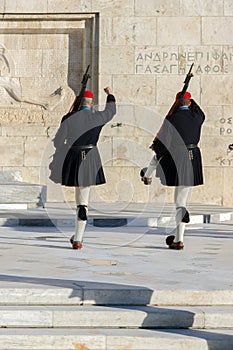 ATHENS, GREECE - JANUARY 19 2017: Evzones - presidential ceremonial guards in the Tomb of the Unknown Soldier, Greek Parliament