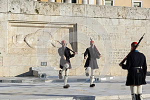 ATHENS, GREECE - JANUARY 19 2017: Evzones - presidential ceremonial guards in the Tomb of the Unknown Soldier, Greek Parliament