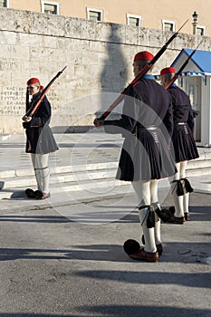 ATHENS, GREECE - JANUARY 19 2017: Evzones - presidential ceremonial guards in the Tomb of the Unknown Soldier, Greek Parliament