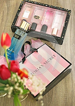 Victoria`s Secret perfum bottles and shopping bag