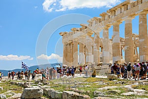 ATHENS, GREECE- JULY 18, 2018: The ancient ruins of Parthenon and Erechtheion at the Acropolis in Athens, the Greek capital.