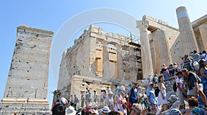 Crowd and unsafety going to Acropolis in Athens, Greece on June 16, 2017.