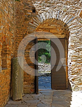 Athens, Greece, Kaisariani monastery`s main arched gate photo