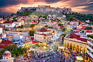 Athens, Greece -  Monastiraki Square and Acropolis sunset view