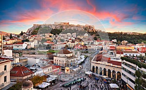 Athens, Greece - Monastiraki Square and ancient Acropolis