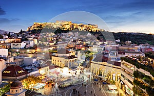 Athens, Greece -  Monastiraki Square and ancient Acropolis