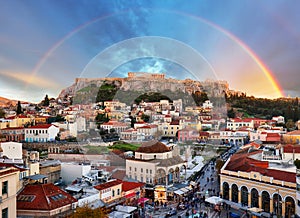 Athens, Greece -  Monastiraki Square and ancient Acropolis with rainbow photo