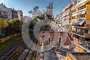 Railway tracks of the Hellenic Railways in Athens, Greece