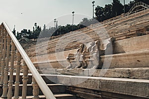 Panathenaic stadium Athens Greece. View of the Royal boxes seats from 1908 located on the Middle West side of the stadium.